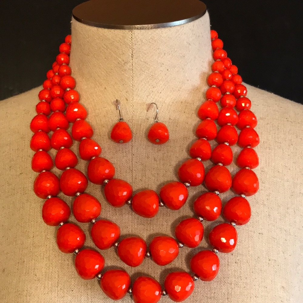 Chunk orange multi-strand necklace/earrings set